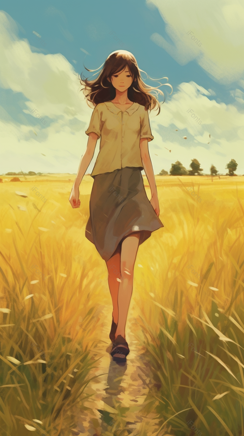 夏天走在草地上的少女自然风光插画背景手绘,插画/手绘图,插画/手绘图库,插画/手绘图下载,插画/手绘